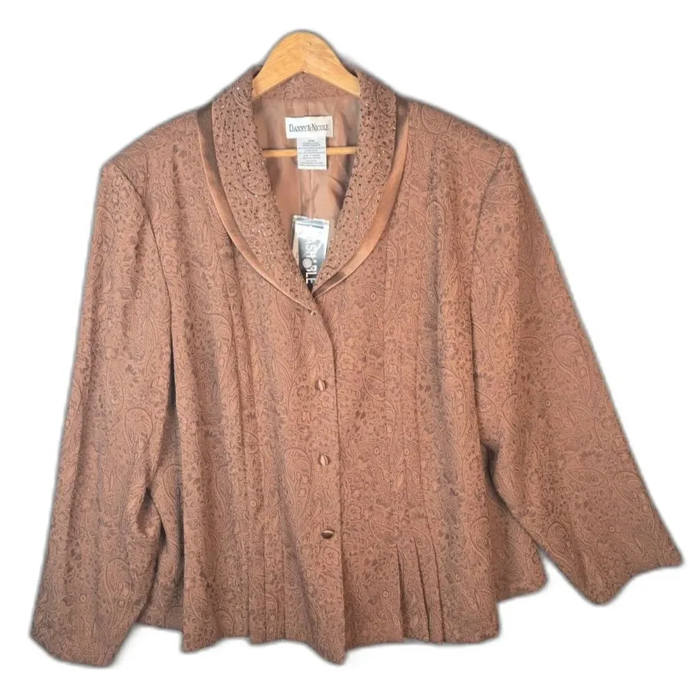 Danny and Nicole Jacket 30W Brown Textured Print Clear Beaded Collar Lined